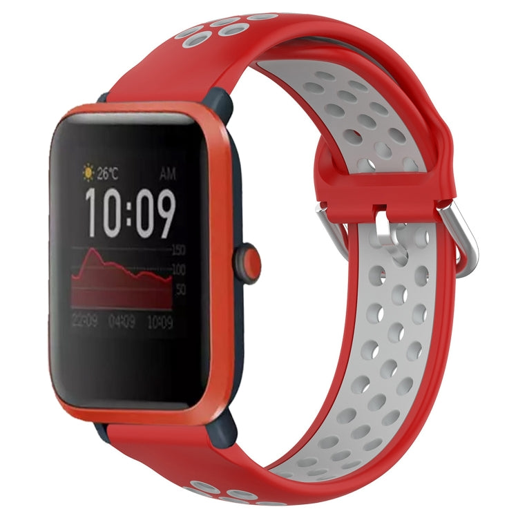 Perforated sports silicone watch band, red with gray dotted holes and metal clasp