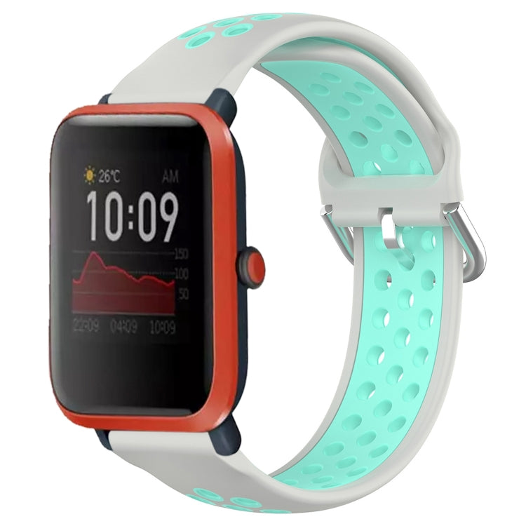 Perforated sports silicone watch band, light gray with mint dotted holes and metal clasp
