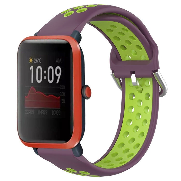 Perforated silicone sports watch band, purple outer with lime green breathable holes