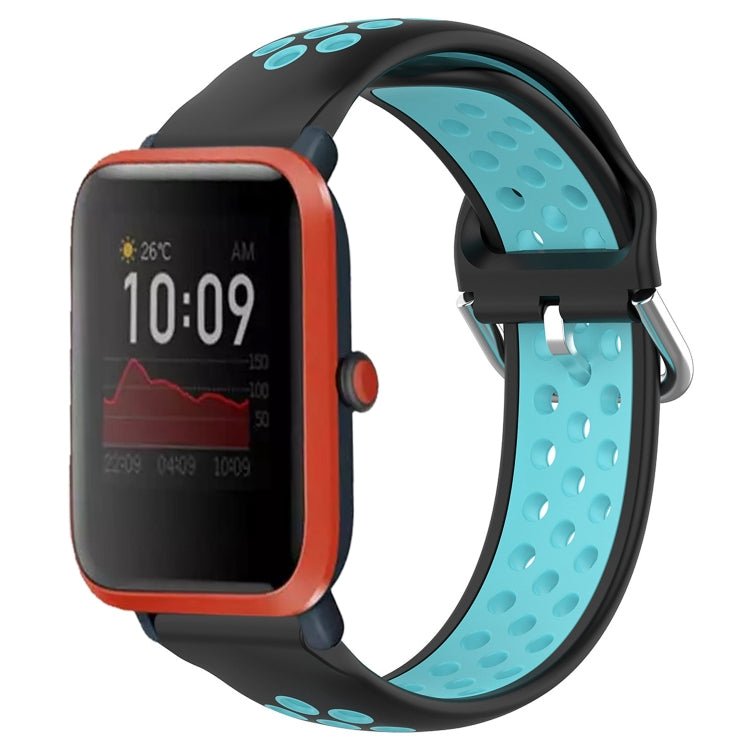 Perforated silicone sports watch band, black strap with teal blue breathable holes