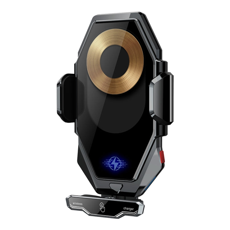 Black and gray wireless car phone charger mount with gold center charging coil