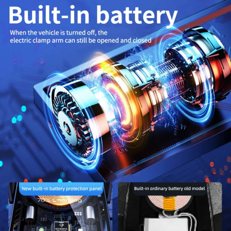 Wireless car phone charger feature graphic with built-in battery shown inside
