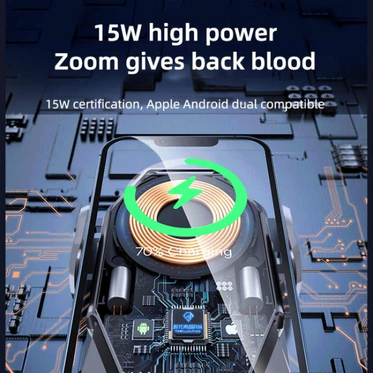 Wireless car phone charger feature graphic highlighting 15W high-power charging coil