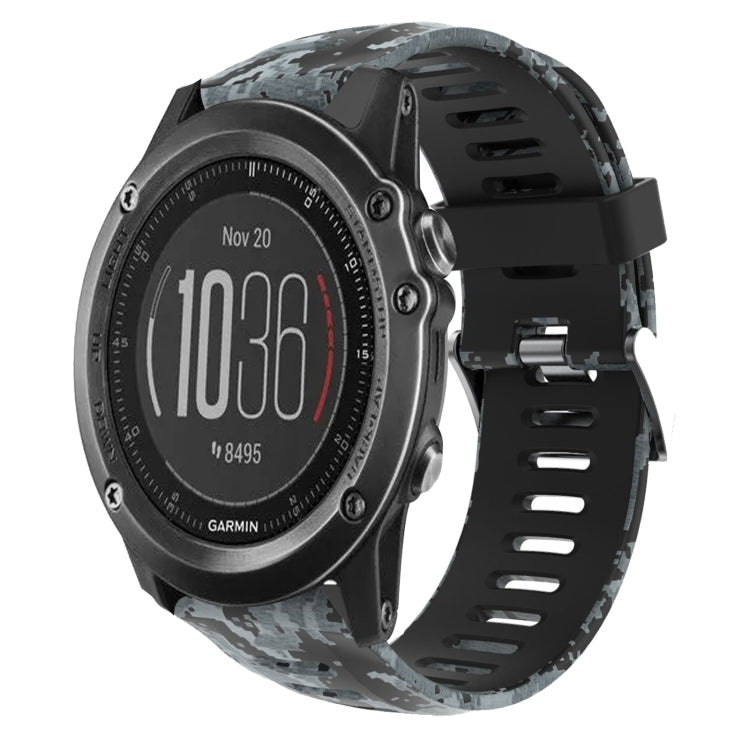 Camouflage silicone watch band with dark gray and black print, perforated strap