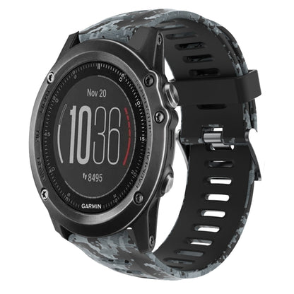 Camouflage silicone watch band with dark gray and black print, perforated strap