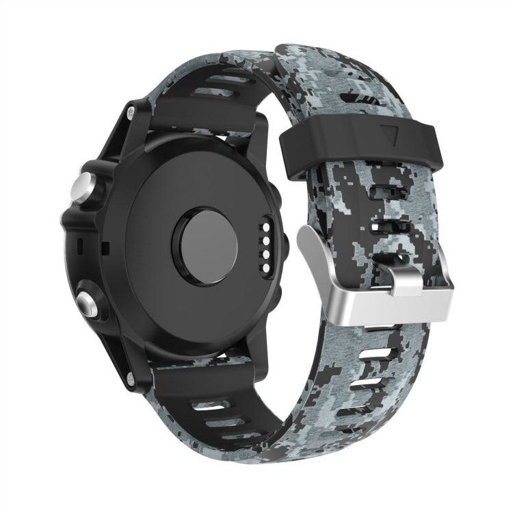 Camouflage silicone watch band with light gray and black print, perforated strap