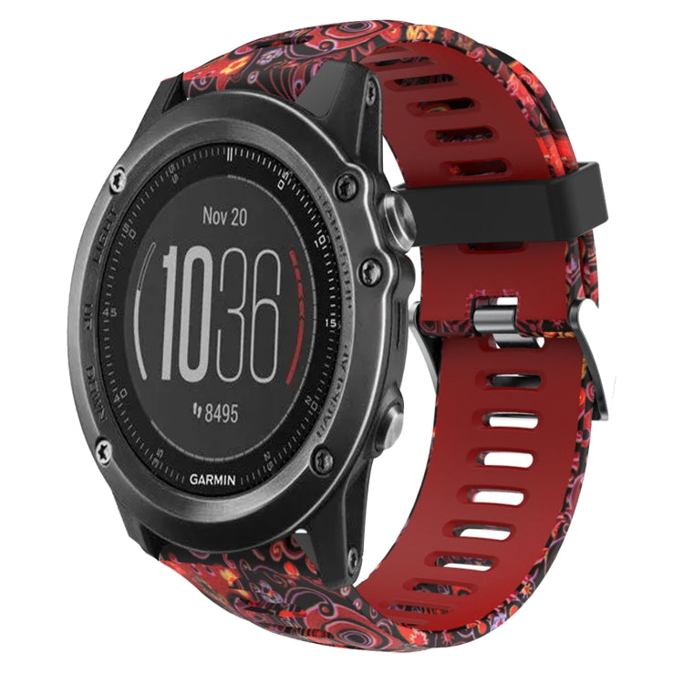 Camouflage silicone watch band with red and black print, perforated strap