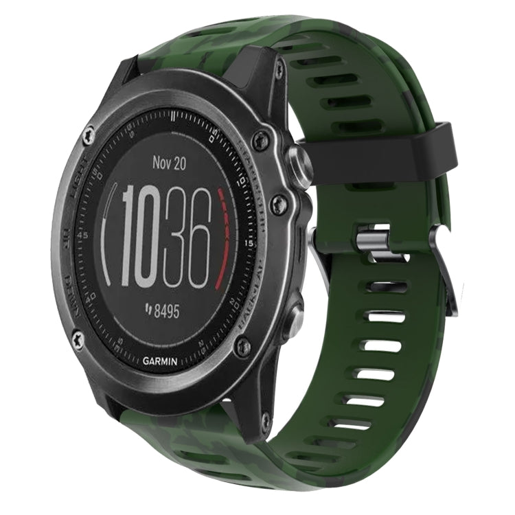 Camouflage silicone watch band with army green and dark green print, perforated strap