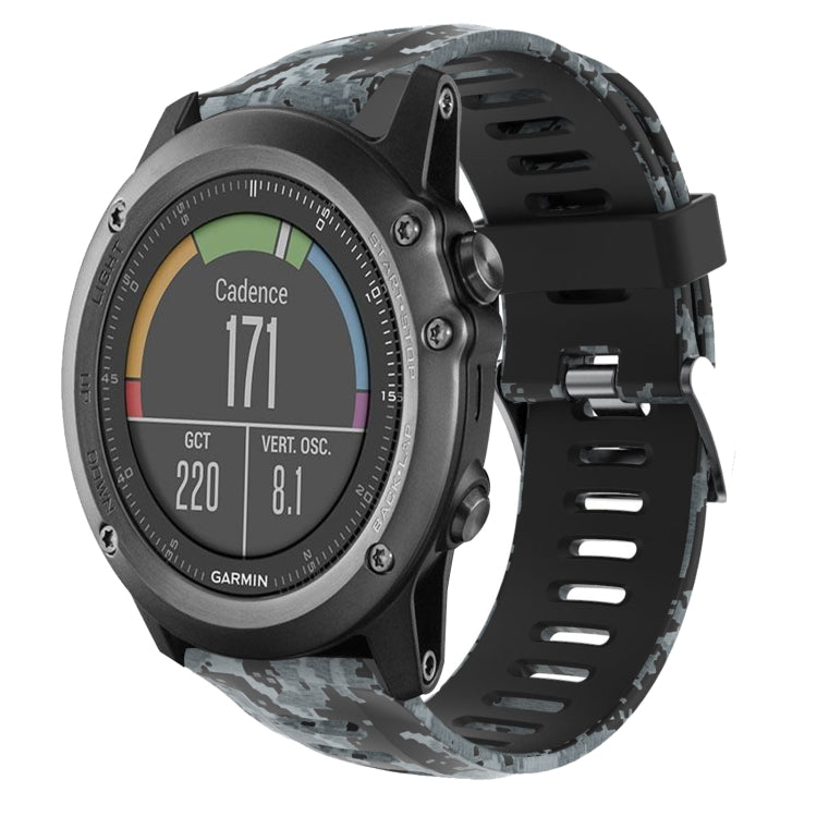 Camouflage silicone watch band with gray and black print, perforated strap