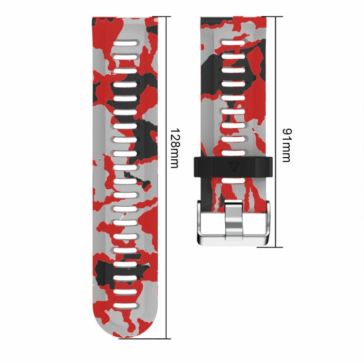 Red camouflage silicone watch band with metal clasp and size markings, 26mm