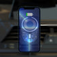 Wireless car vent charger powering a smartphone, showing charging icon