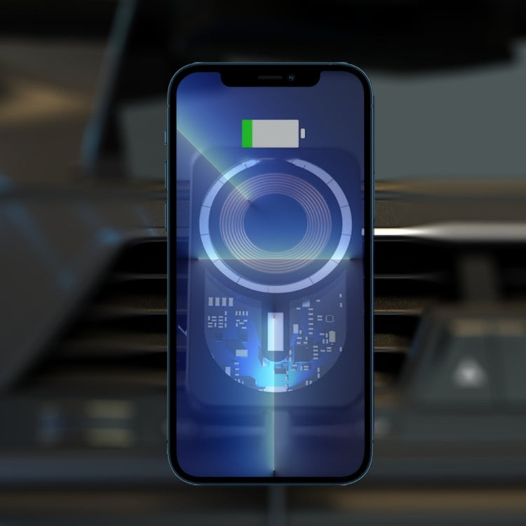 Wireless car vent charger powering a smartphone, showing charging icon