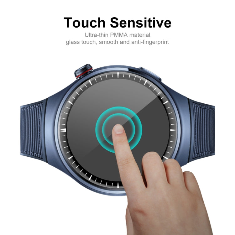 Touch-sensitive PMMA screen protector film on watch display with finger tap contact