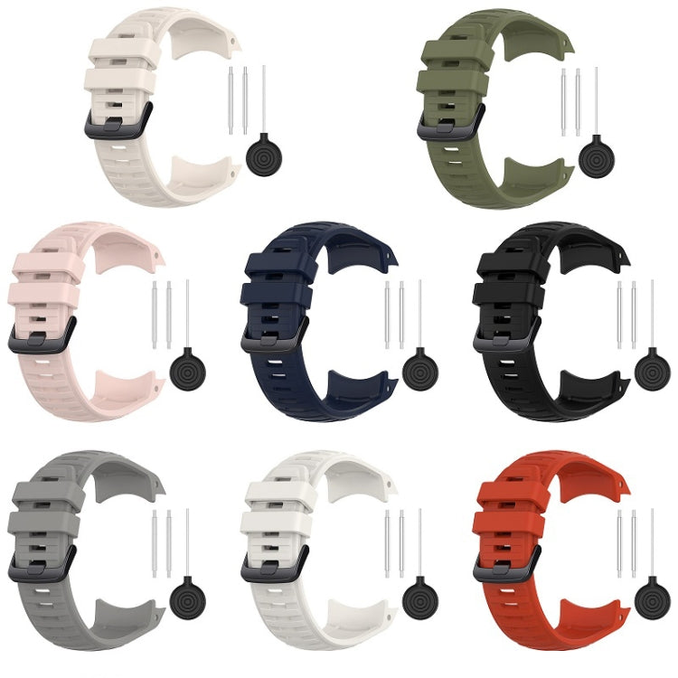 Sports silicone replacement watch band with multi-link buckle, shown in several colors