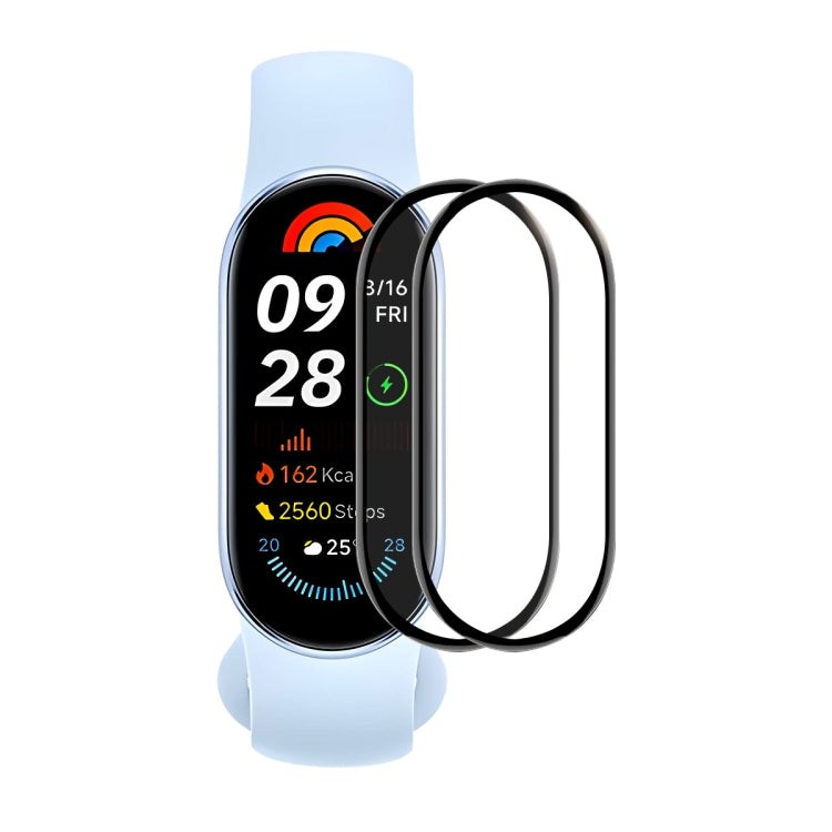 2-pack curved smartwatch screen protectors on light blue watch, clear full coverage