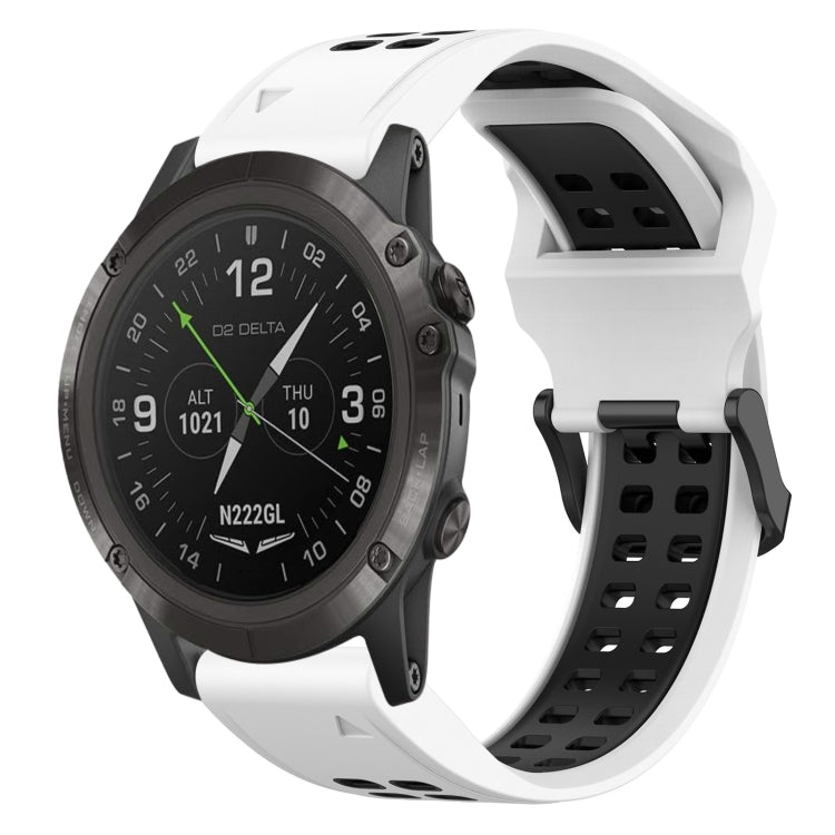 Two-tone silicone watch band with reverse buckle, white and black.