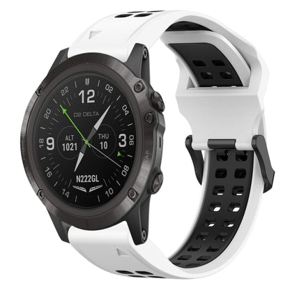 Two-tone silicone watch band with reverse buckle, white and black.