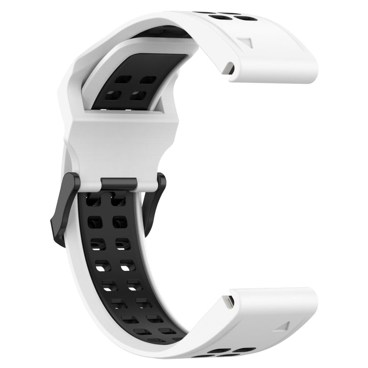 Two-tone silicone watch band with reverse buckle, white strap with black interior.