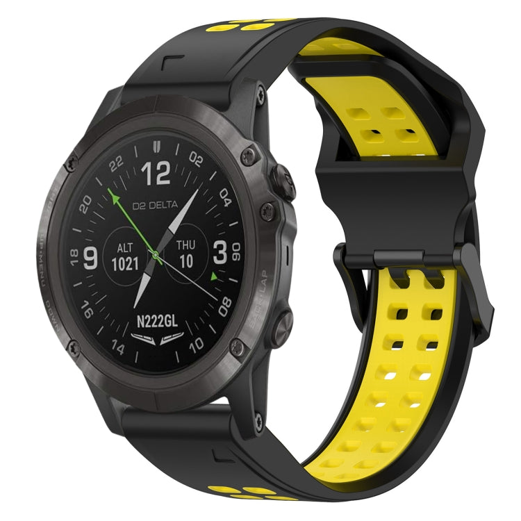Two-tone silicone watch band with reverse buckle, black and yellow.