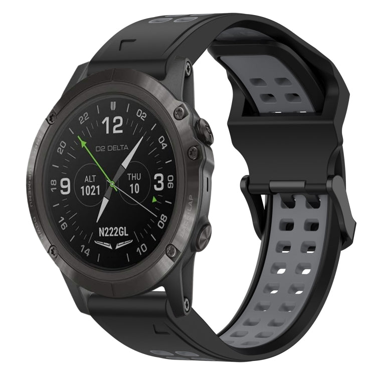 Two-tone silicone watch band with reverse buckle, black and grey.
