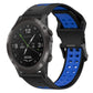 Two-tone silicone watch band with reverse buckle, black and blue.