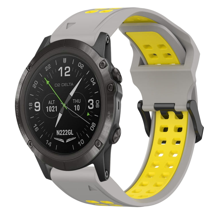 Two-tone silicone watch band with reverse buckle, grey and yellow.