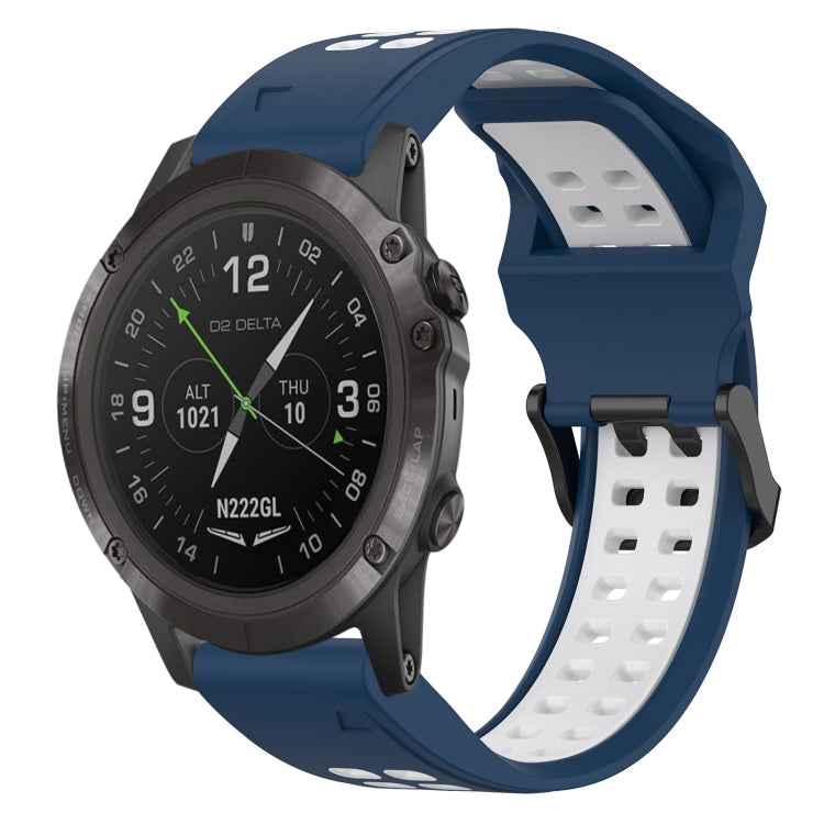 Two-tone silicone watch band with reverse buckle, blue and white.