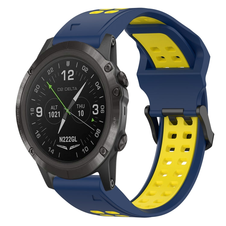 Two-tone silicone watch band with reverse buckle, blue and yellow.
