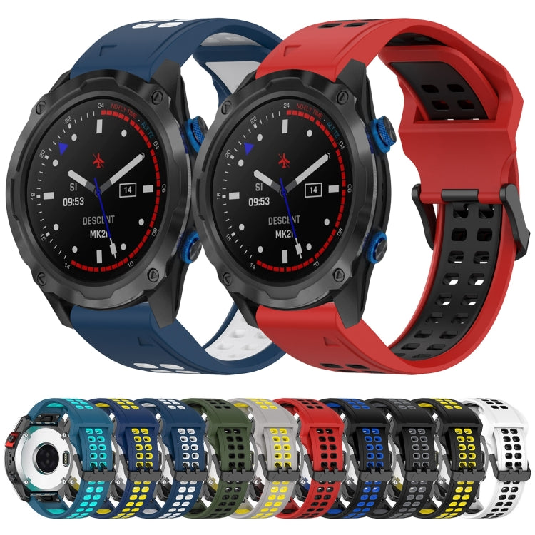 Two-tone silicone watch bands with blue and red straps, perforated holes