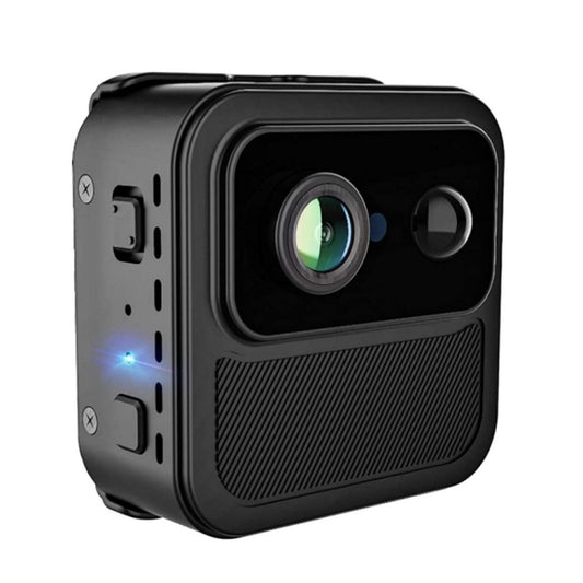 Black portable WiFi security camera with front lens and IR sensor lights
