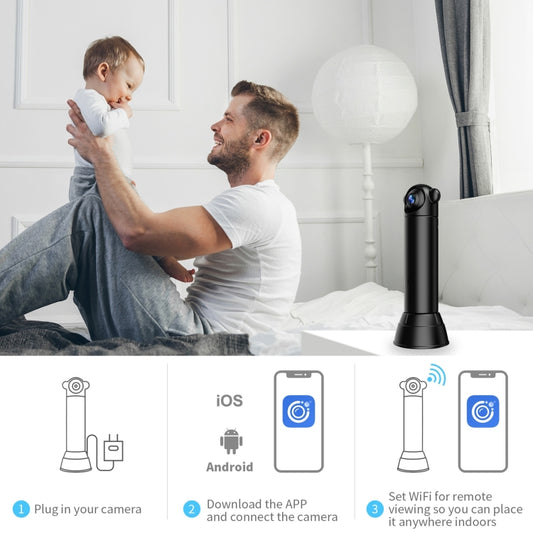 Mini security camera on floor near bed with family in room