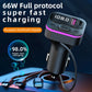 Black car USB charger with LED display and two ports, purple accent strip