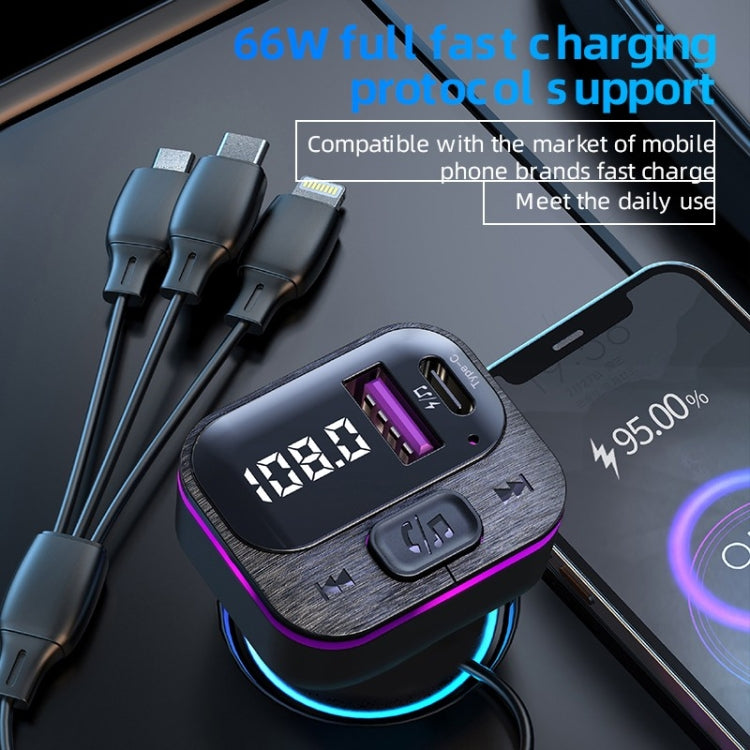 Black car USB charger with LED screen and purple accent, with three connected cables