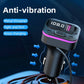 Black car USB charger with LED display and purple stripe, angled view with cable