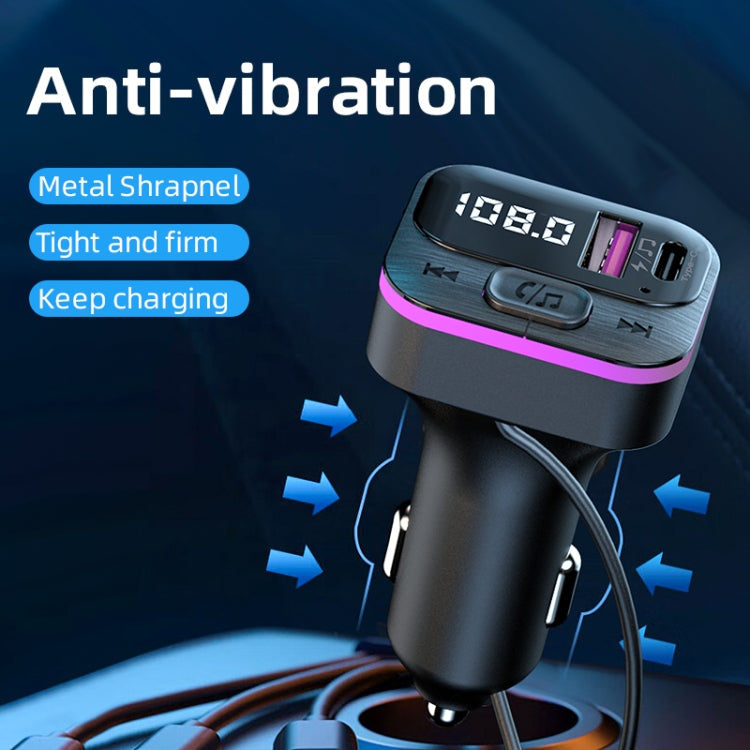 Black car USB charger with LED display and purple stripe, angled view with cable