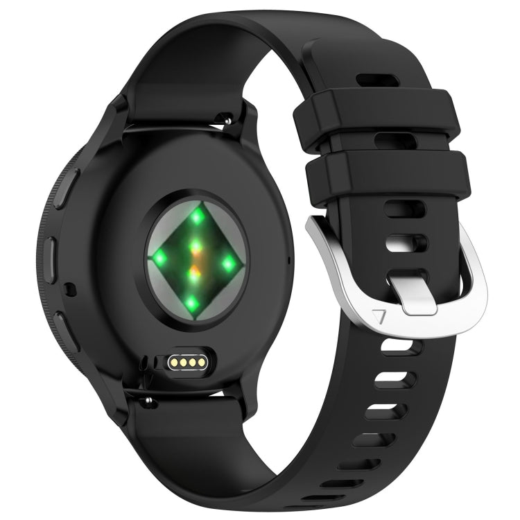 Liquid glossy black silicone watch band with silver buckle and adjustable strap holes