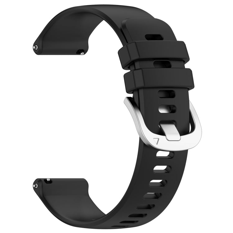 Liquid glossy black silicone watch band with silver buckle, showing strap and keeper