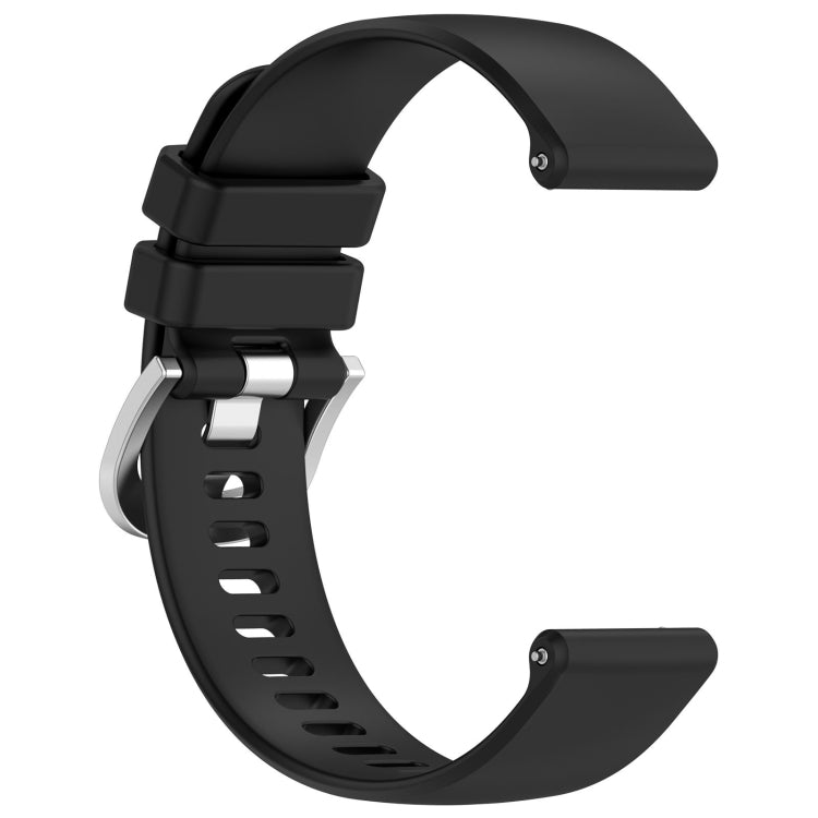Liquid glossy black silicone watch band with silver buckle and textured strap links
