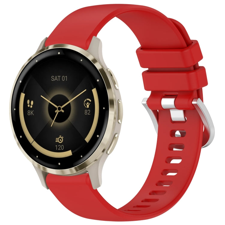Liquid glossy red silicone watch band with silver buckle and secure metal keeper