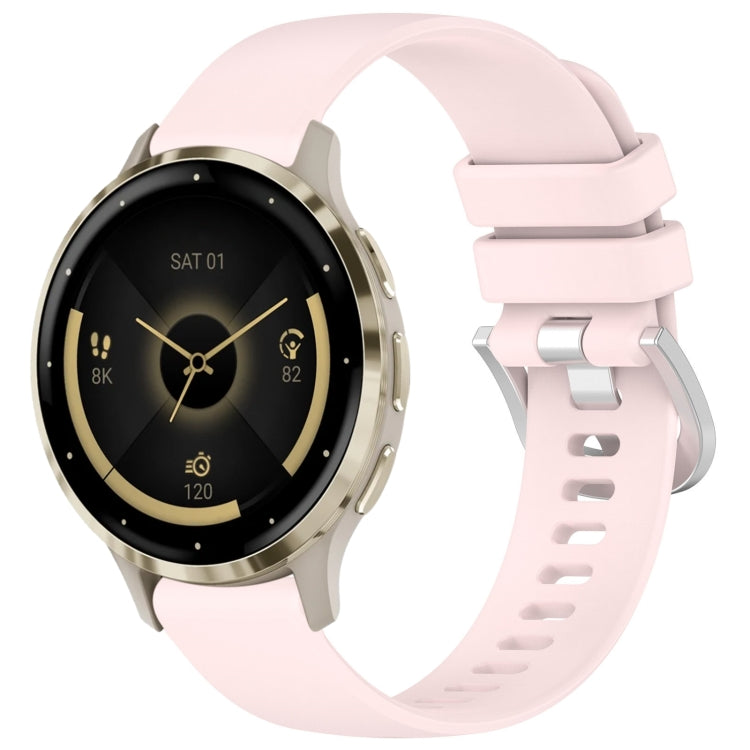 Liquid glossy pink silicone watch band with silver buckle and secure strap keeper