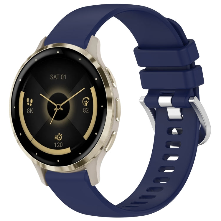 Glossy silicone watch band with silver buckle, dark blue strap for compatible Garmin watches