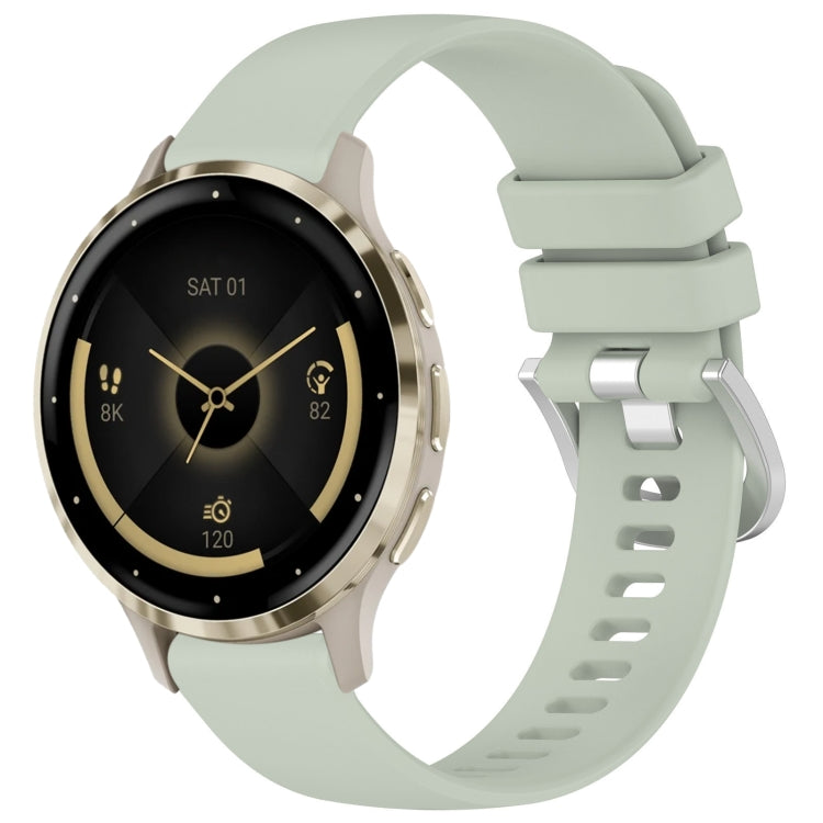 Glossy silicone watch band with silver buckle, mint green strap for compatible Garmin watches