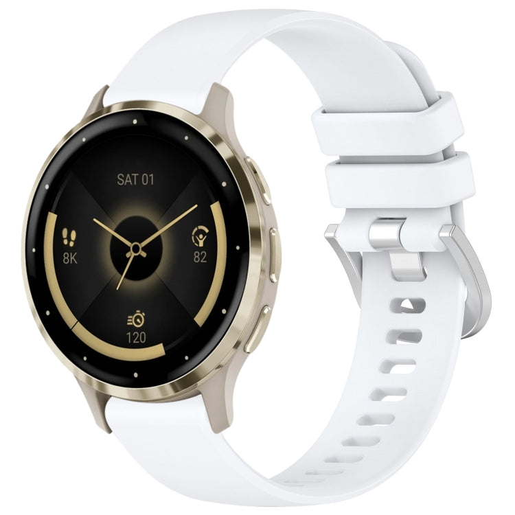 Glossy silicone watch band with silver buckle, white strap for compatible Garmin watches