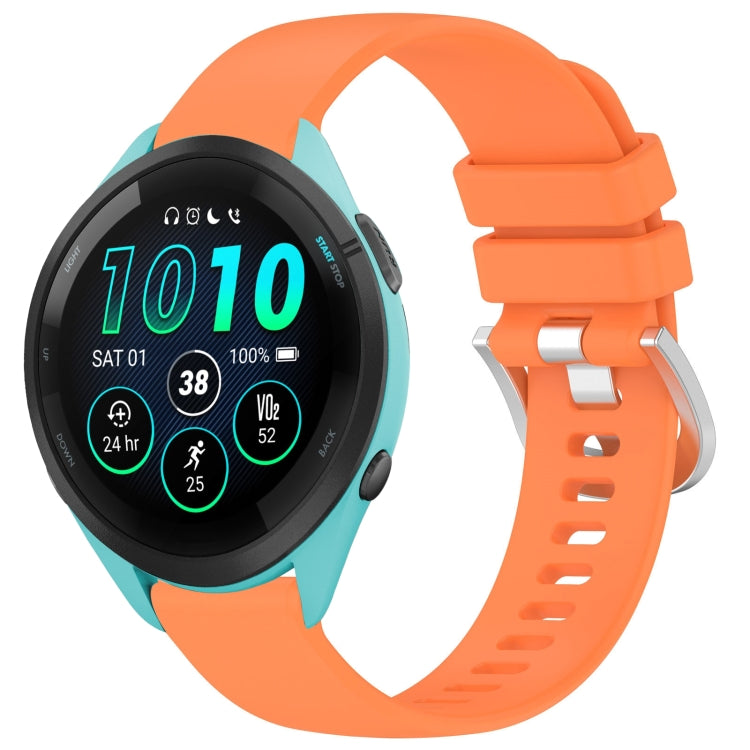 Glossy silicone watch band with silver buckle, orange strap for compatible Garmin watches