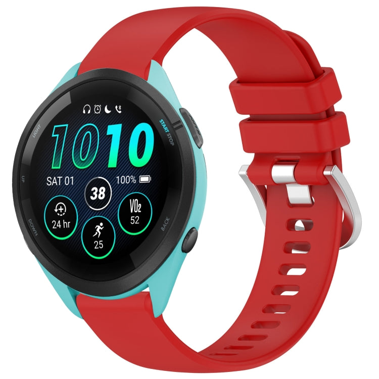 Glossy silicone watch band with silver buckle, red strap for compatible Garmin watches