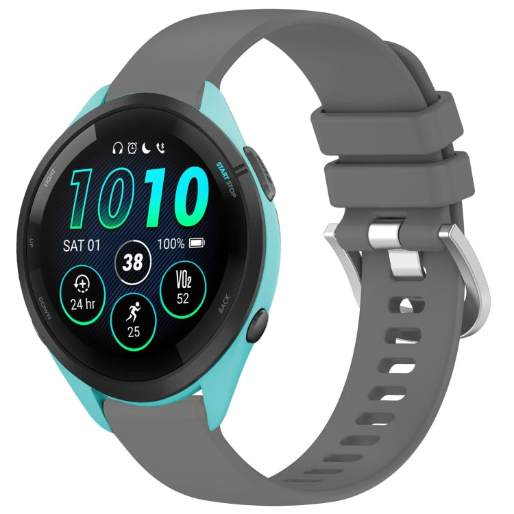 Glossy silicone watch band with silver buckle, gray strap for compatible Garmin watches