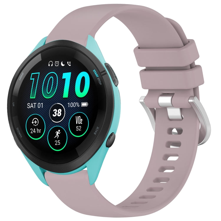 Glossy silicone watch band with silver buckle, light purple strap for compatible Garmin watches