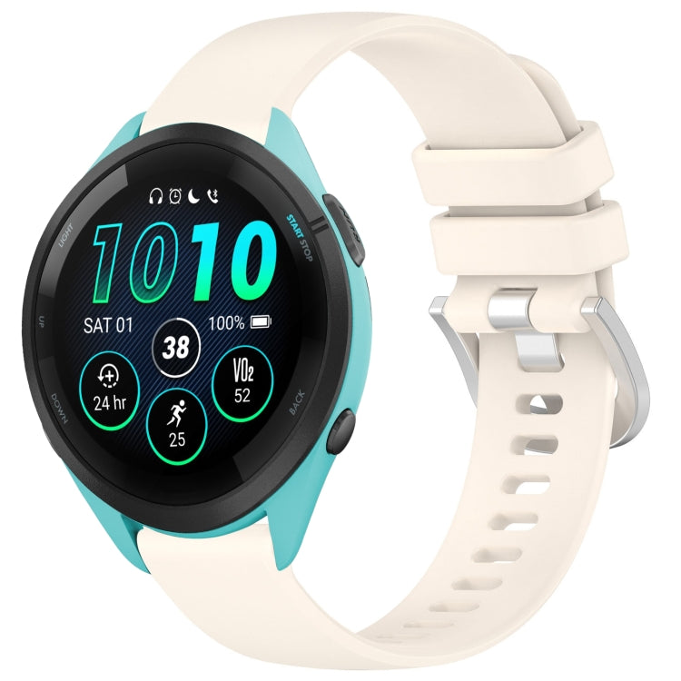 Glossy silicone watch band with silver buckle, cream white strap for compatible Garmin watches