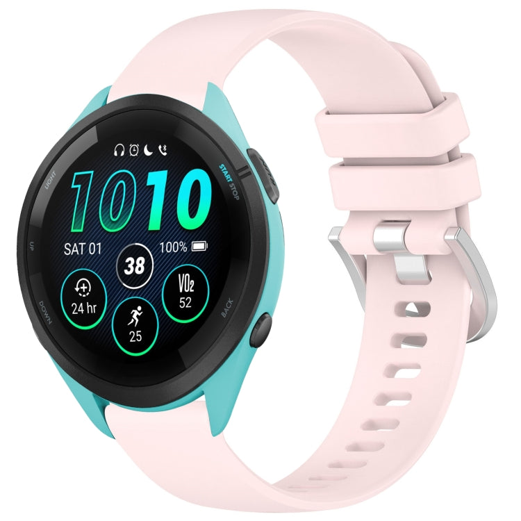 Glossy silicone watch band with silver buckle, pale pink strap for compatible Garmin watches