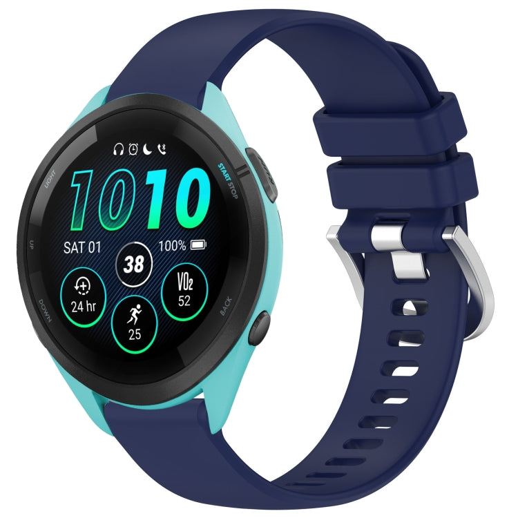 Glossy silicone watch band with silver buckle, dark blue strap for compatible Garmin watches